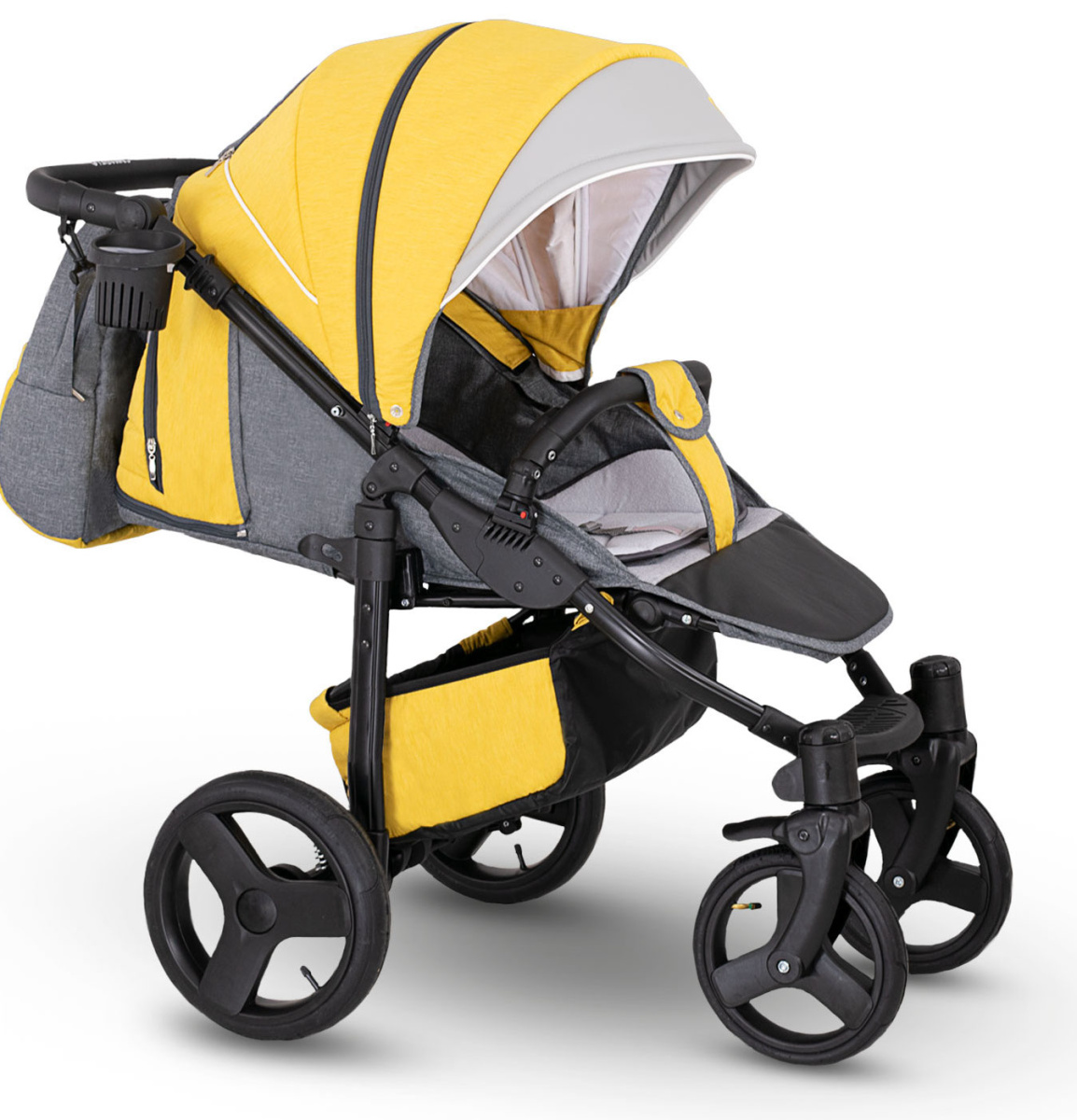 Прогулочная коляска Camarelo Elf экокожа черная рама желтый джинс/серый