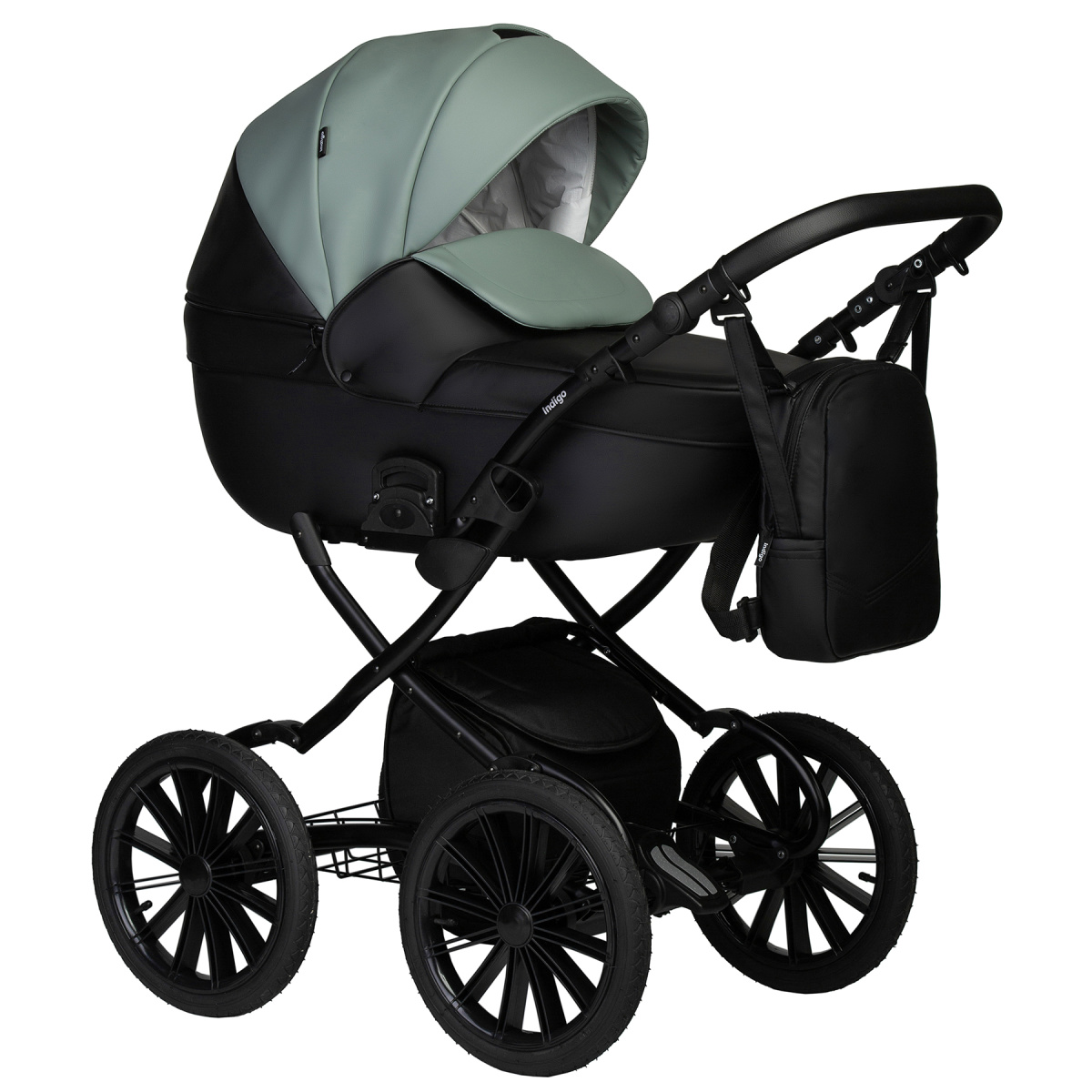 Коляска 2 в 1 Indigo MIO ECO Plus 14 - 05 (черная кожа+шалфей кожа)