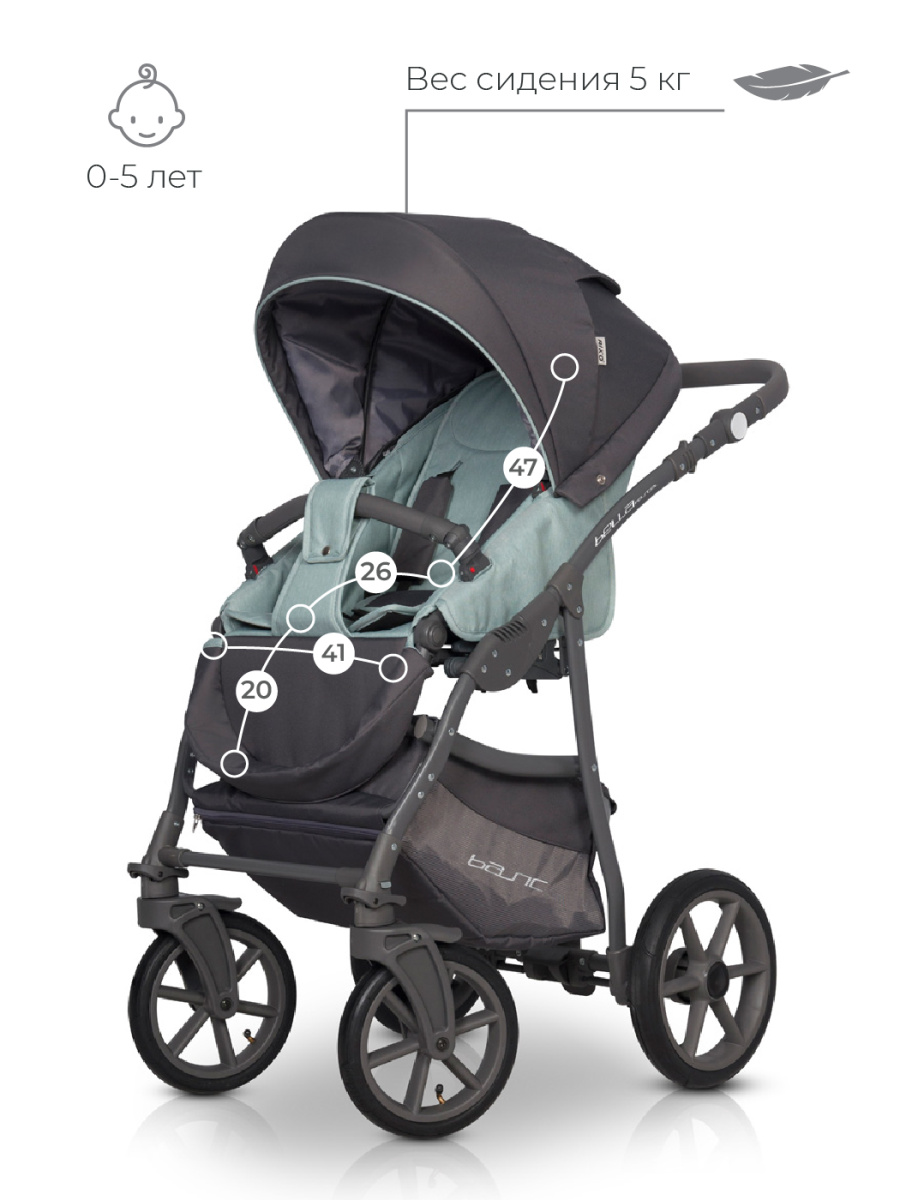Коляска 3 в 1 Riko Basic Bella Pastel 02 ментоловый